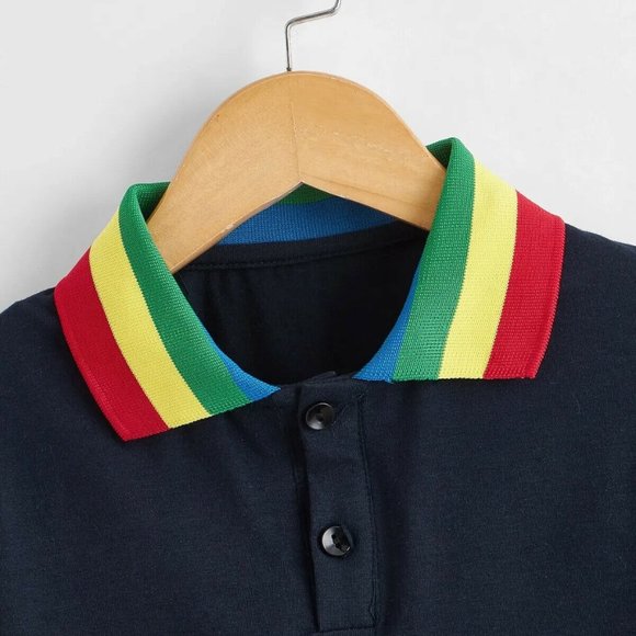 SHEIN Adorable Toddler Boy Contrast Rainbow striped Collar Polo Shirt sz 120 5/6 - Picture 3 of 4